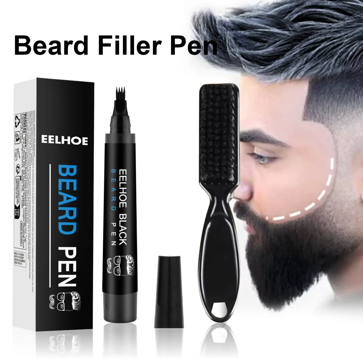 Beard Filler Pen Kit for Men with Brush - Waterproof & Smudgeproof Oil Wax Base for a Long-Lasting, Natural Look on Beard, Eyebrows & Scalp, Beard Brush