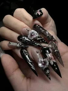 Gothic Black Chrome Orchid Nails | 3D Floral Stiletto Design | Dark Luxury Art Set