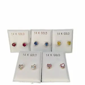 14K Gold Heart CZ Earrings in Pink Blue White Yellow Red Colors for Women's Fashion Jewelry Elegant and Stylish Accessories