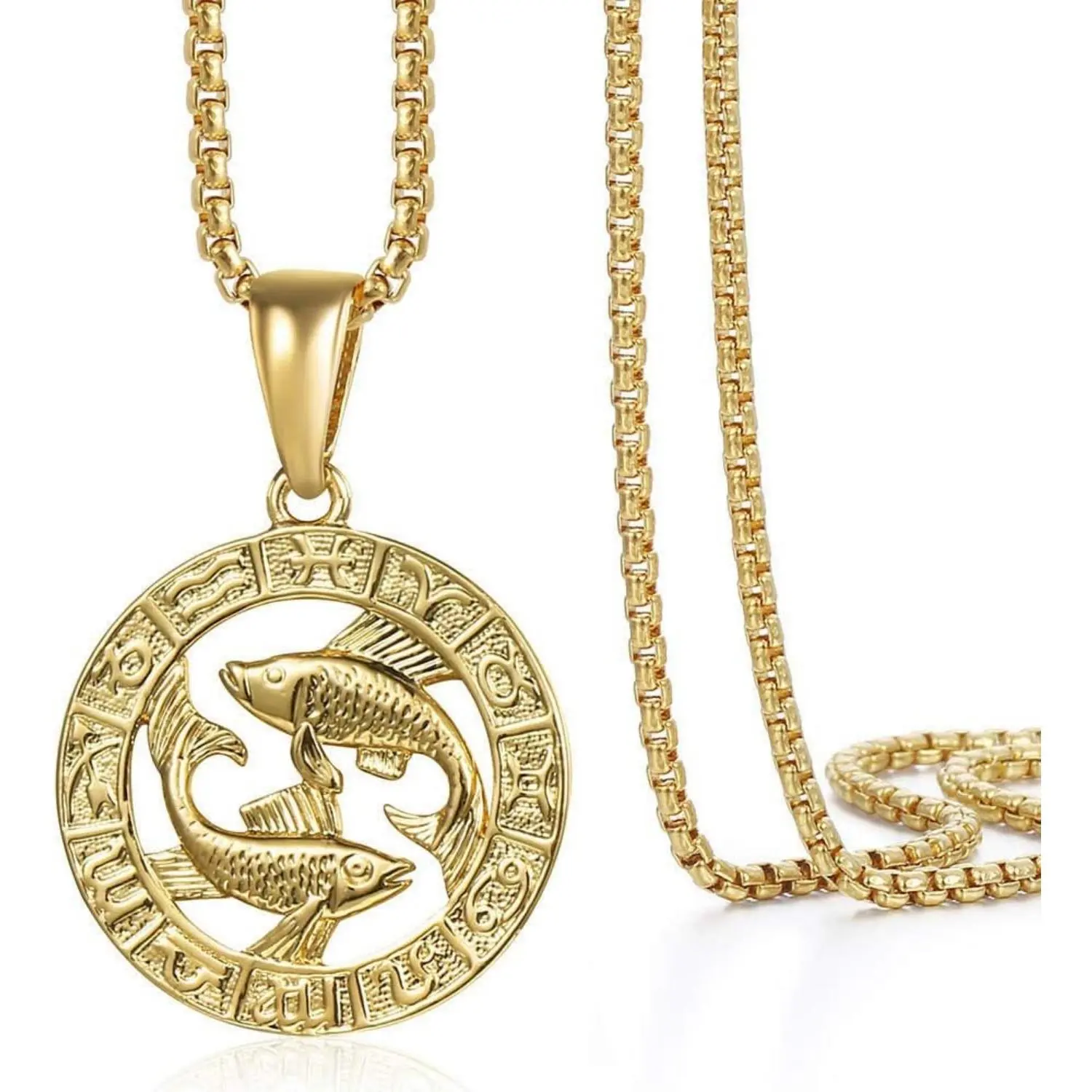 CASSIECA Gold Plated Pisces Zodiac Character Necklace, 22-in Stainless Steel Sturdy Chain-Link, Unisex Luxurious Finish Jewelry, Women's Durable Accessory, Gift for Astrology Enthusiasts