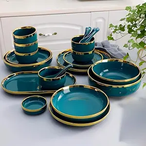 Nordic Style Luxury Ceramic Dinnerware Set – 18/25-Piece Green with Gold Rim, Elegant Plates and Bowls for 4 or 6 People, Dinner Sets – Perfect for Wedding, Anniversary, Birthday, and Everyday Dining Dinnerware Service Set