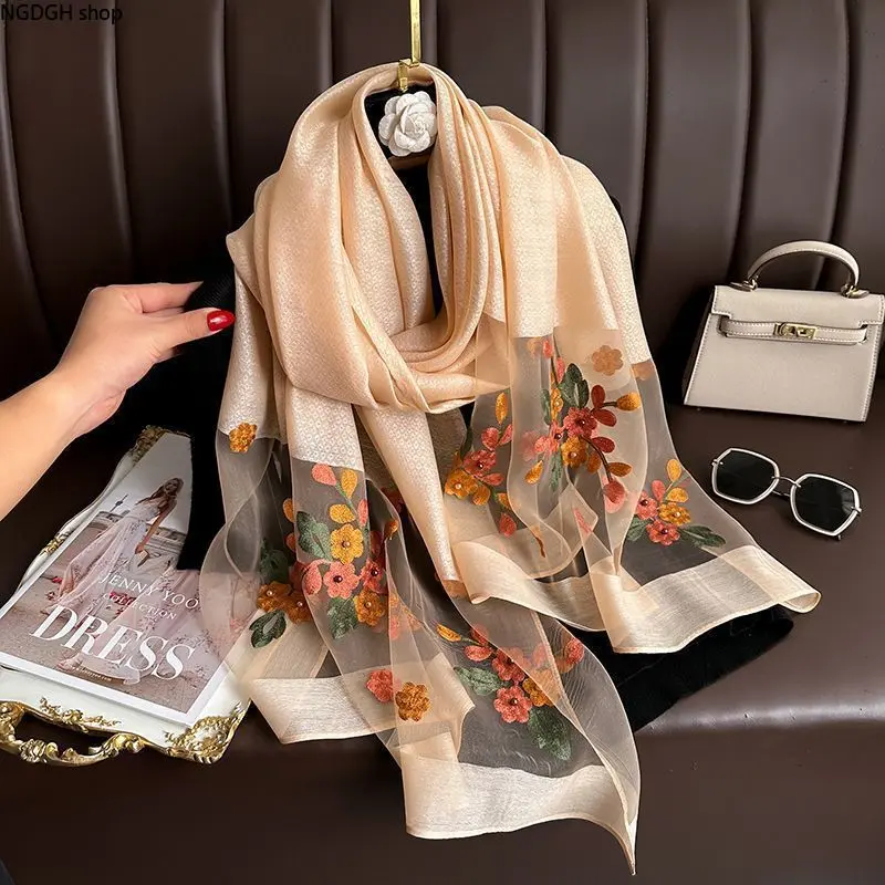 Champagne Floral Embroidered Silk Scarf, Sheer Organza with 3D Flower Embroidery, Lightweight & Versatile, Perfect as a Shawl for Office Wear, Brunch Dates & Evening Events