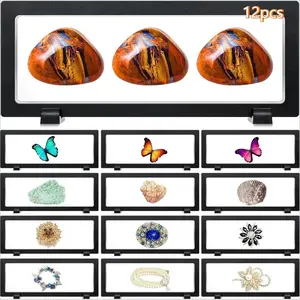 12pcs Transparent 3D Floating Display Stand Set with 12 Storage Boxes & 24 Bases - No Assembly Required, Snap-Fit Plastic Jewelry Organizer for Bracelets, Necklaces, Earrings, Rings - Clear Multi-Purpose Retail & Home Storage outdoorfun