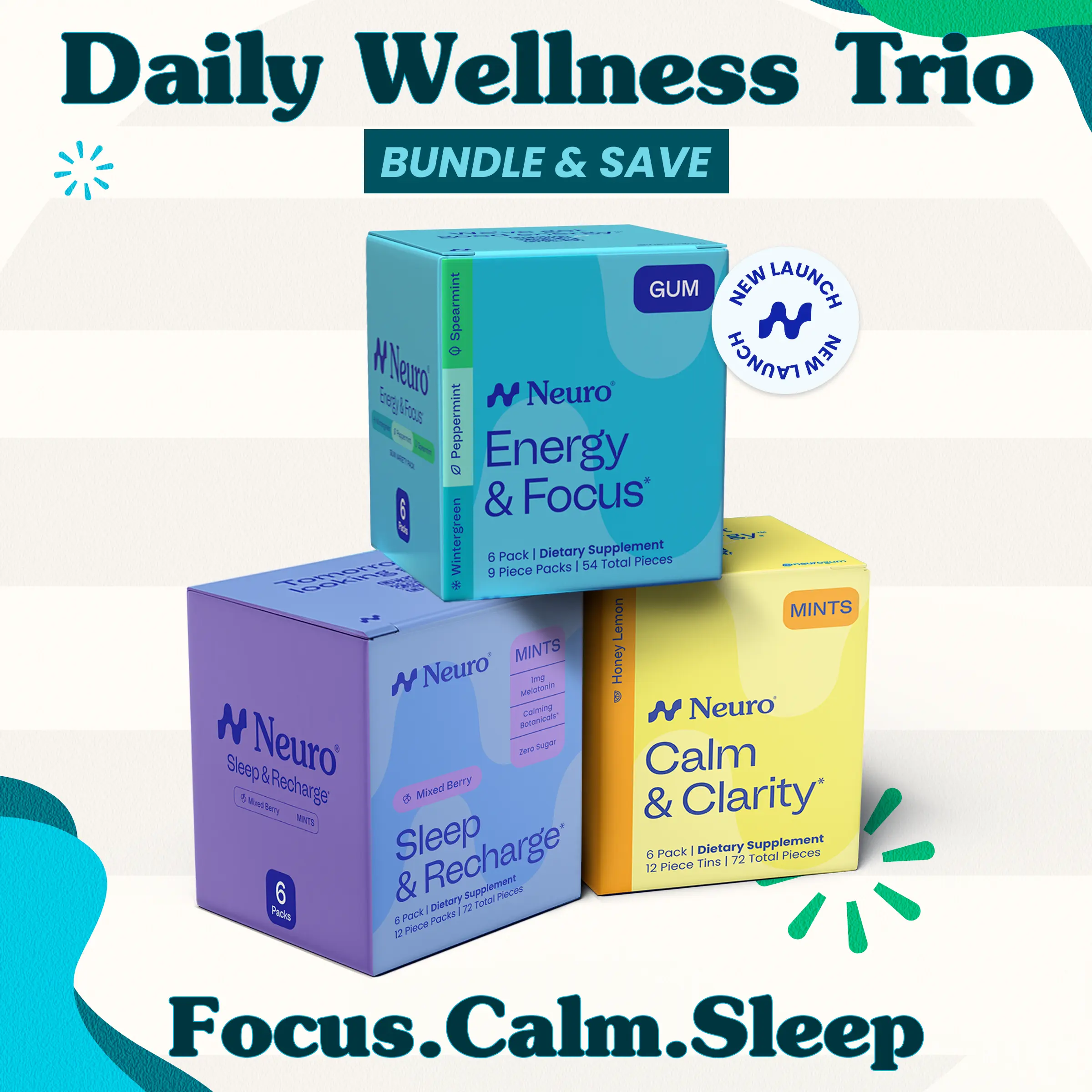Daily Wellness Trio - Morning Focus, Daytime Calm & Better Night Sleep Support - 24/7 Mind Support Bundle