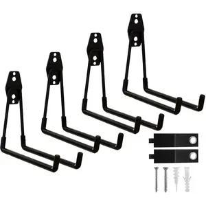 Garage Hooks, 4 Pack 7.7inch Large Square Wall Hooks for  Heavy Duty Ladders, Bikes, Tools Ideal for Garage, Garden, Basement Utility Room Storage (Black)