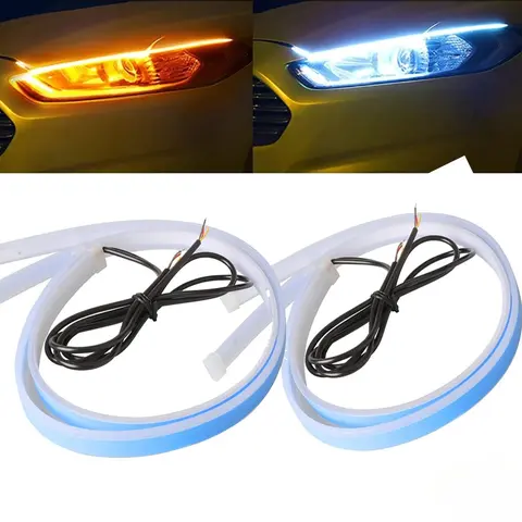 2Pcs Car LED Strip Lights, 18 In /24 Inch Dynamic Startup Scan & Sequential Turn Signal, Flexible White & Yellow Daytime Running Lights Waterproof DRL for Car Truck SUV