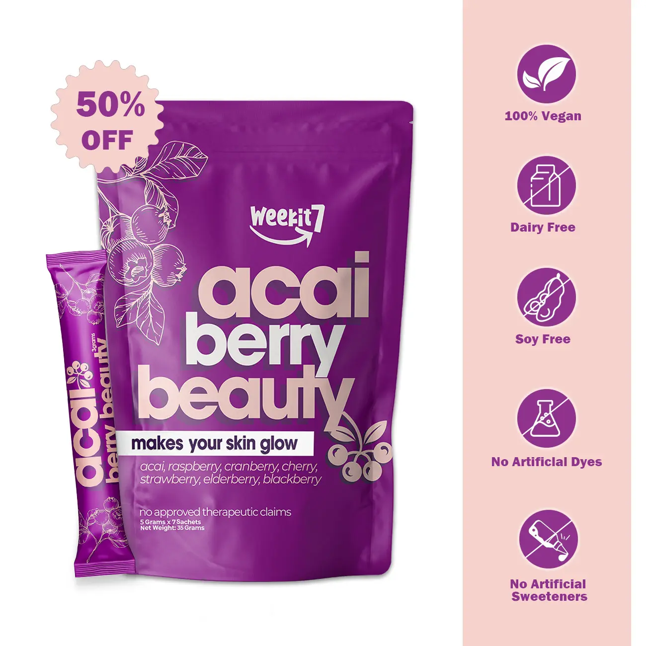 Weekit7 Acai Berry Beauty Powder - 7 Super Berry Blend for Glowing Skin & Natural Energy | 7 Single-Serve Packets | Antioxidant Rich Beauty Supplement
