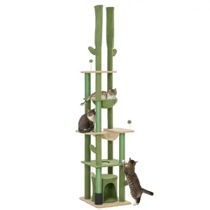 PawHut Floor to Ceiling Cat Tree, 89"-100" Adjustable Height Cactus Cat Climbing Tower for Indoor Cats with Grooming Brush Post, Cat Condo, Hammock, Sisal Scratching Posts, Green