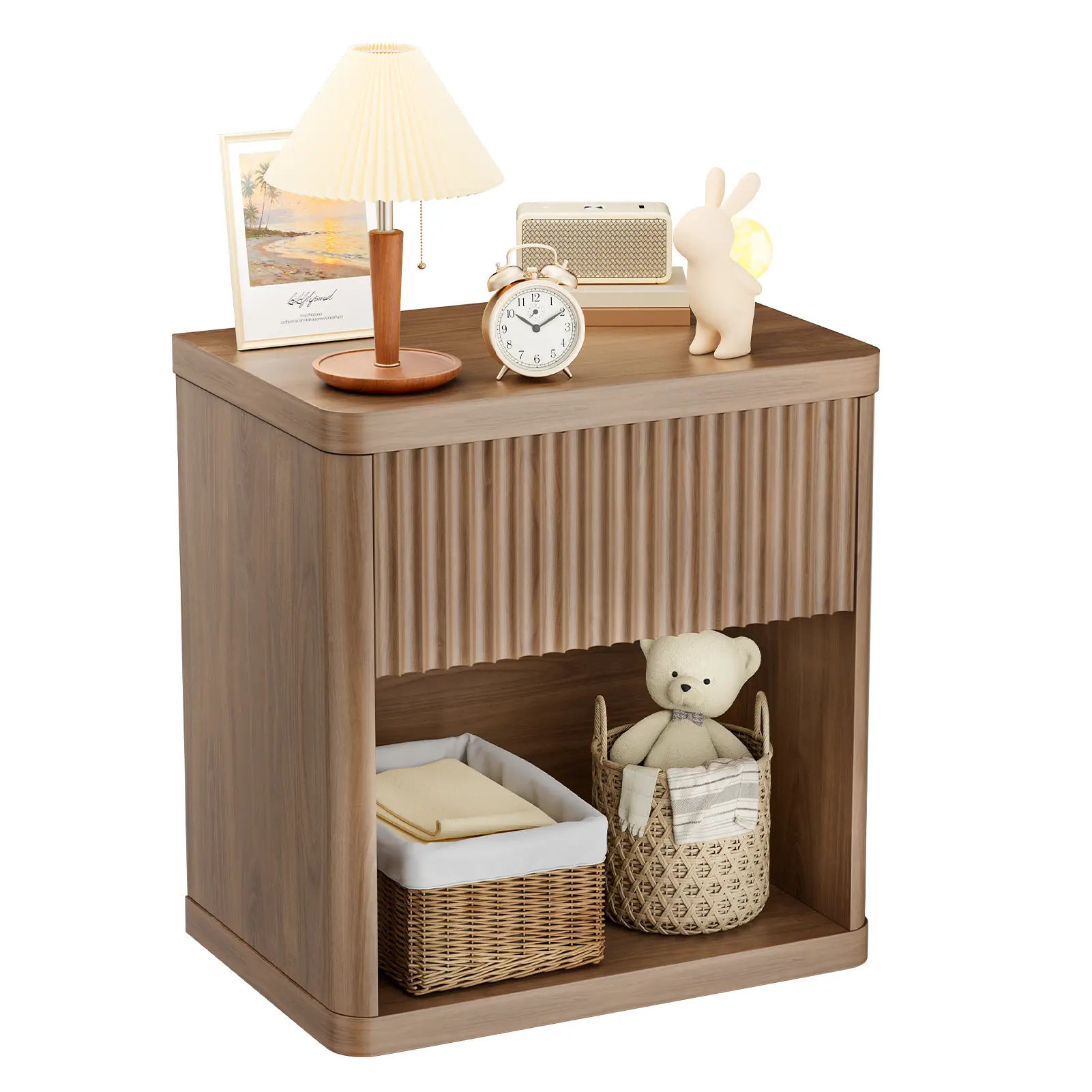 Modern Fluted Child-Friendly Contemporary Minimalist Bedside Table - Nightstand with Storage Drawer, Open Compartment, Rounded Corners - Space-Saving Side Table for Bedroom, Living Room, Child-Friendly Bedside Tables, Contemporary Bedside Tables