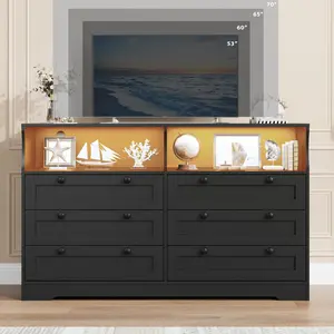 【Christmas Gift】Modern Black 6 Drawer Dresser With Power Outlet Usb Charging Ports Multi Color LED Light Scratch Resistant MDF Anti Tip Safety Spacious Storage For Bedroom Living Room Entryway