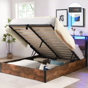 Full Size Lift Up Storage Bed Frame with LED Lights, Hydraulic Full Platform Bed with Charging Station, Heavy Duty Metal Lift Up Storage Bed Full Size,Hydraulic/Noise Free,Rustic Brown