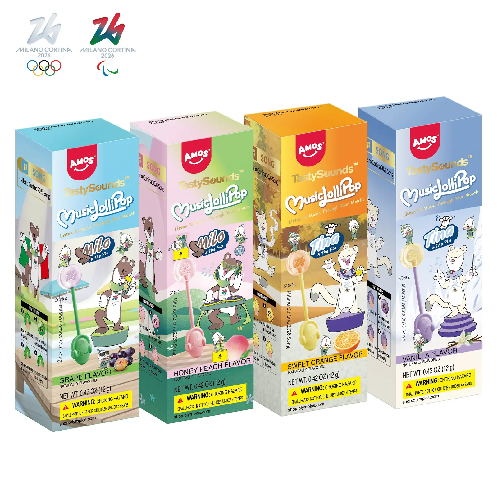 【Official Licensed Product】AMOS Winter Olympics Musical Singing Lollipop – No Sugar, Gluten-Free, Assorted Flavors (Vanilla, Orange, Peach, Grape), Individually Wrapped Sport-Inspired Novelty Musical Candy for Parties & Gifts Snack