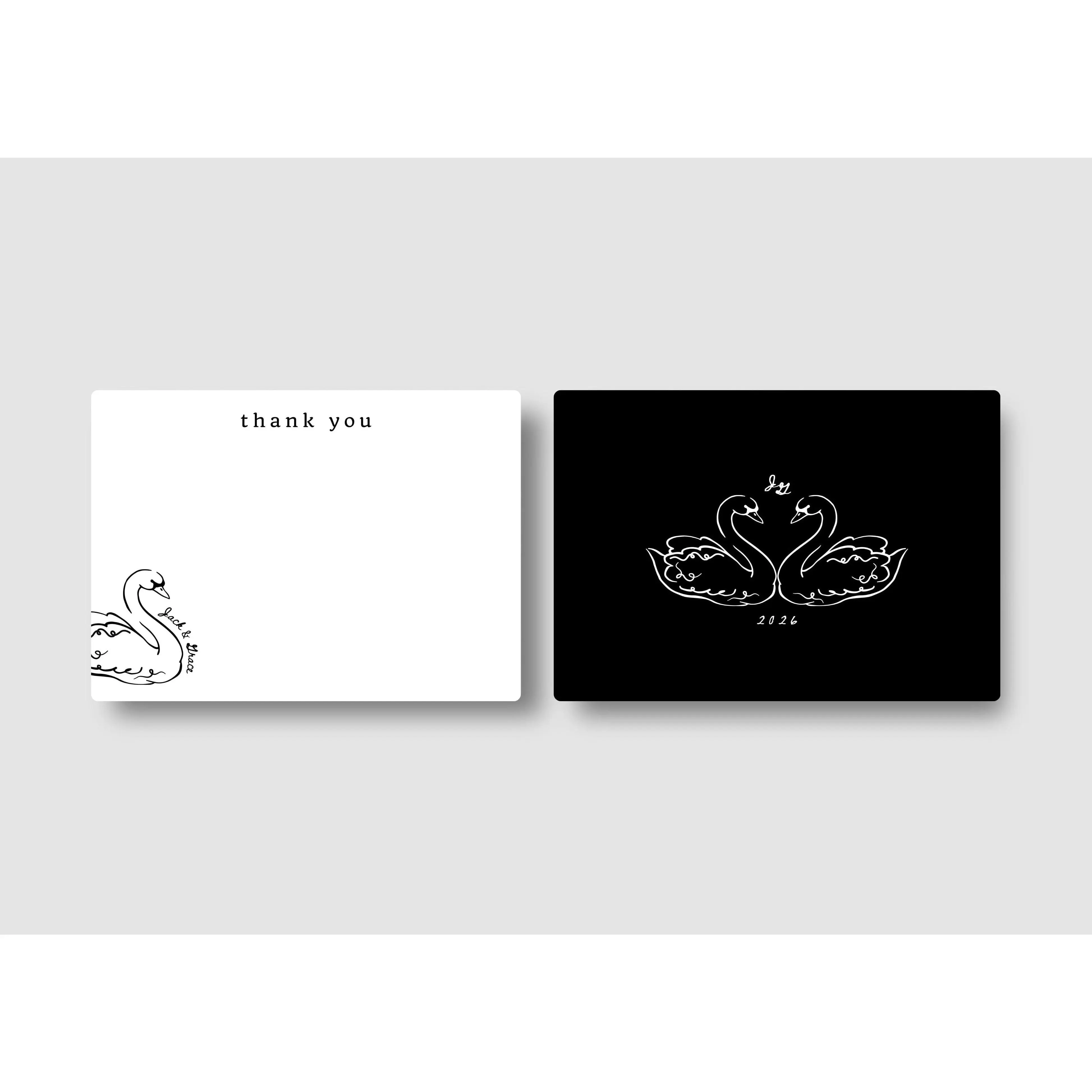 Personalized Flat Cards Stationery Set with Envelopes - Swan Coquette Wine Glass Design, Clean Lines, Horizontal Layout, Custom Name Couple's Notecards, Bridal Shower Gift, Engagement Gift for Brides-to-Be, Personalized Message Greeting Cards