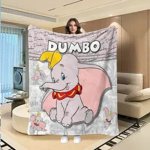 Dreamy Dumbo Cartoon Flannel Blanket, Soft Warm Cover, Vintage Atmosphere, Creative Digital Print, Holiday Gift, Sofa Bed Throw