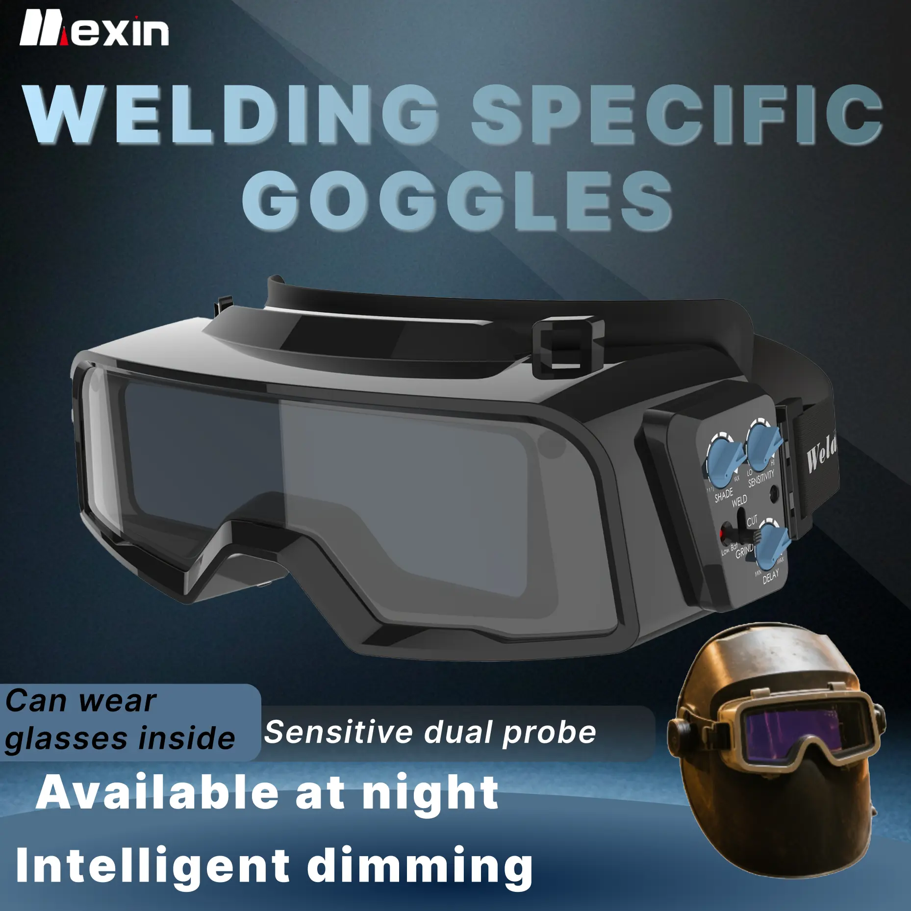 Mexin LYG-100R Auto-Darkening Welding Goggles - Upgraded Integrated Visor Eyeglass-Type Safety Helmet Tool, Adjustable Band, Anti-Scratch Coating, Lightweight Flexible Design, Built-In Batteries, UV/IR Shield for Eye Safety, Modern Welding Tasks