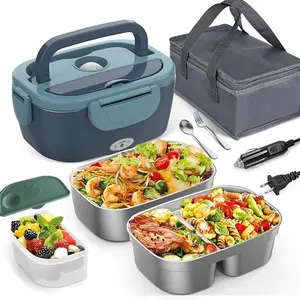 80W Electric Lunch Box Food Heater, 1.5L 304 Stainless Steel Heated Lunch Box for Car Truck Home, 12V/24V/110V 3-in-1 Portable Food Warmer with Insulated Bag & Cutlery Set