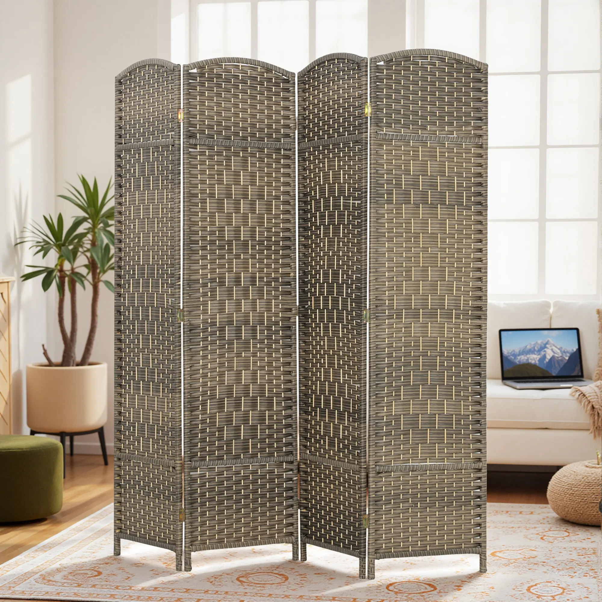 6' Tall Dark Rustic Oak 4-Panel Freestanding Wooden Room Divider Screen, Vintage Farmhouse Privacy Partition for Home Office, Bedroom, Living Room Decor