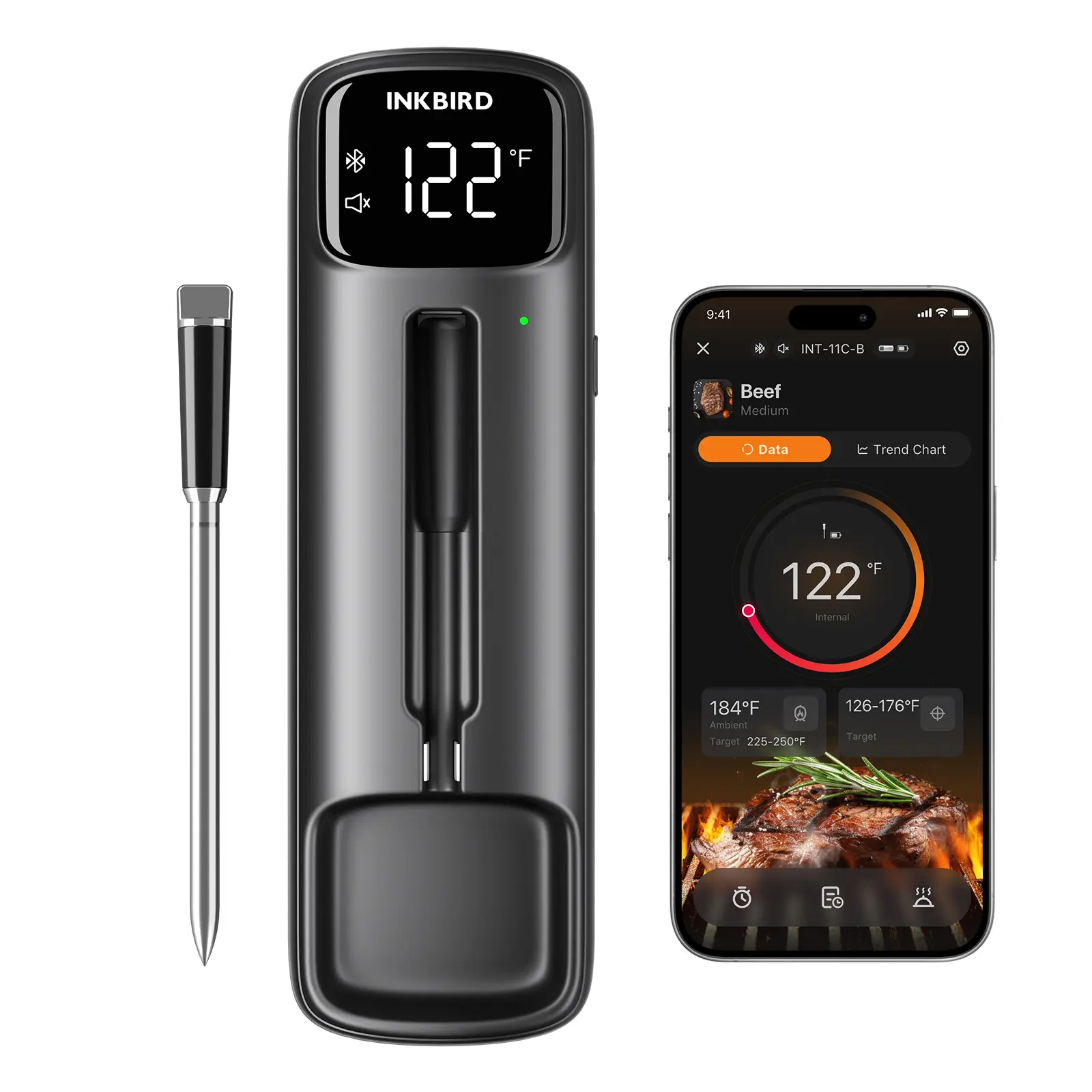 INKBIRD INT-11C-B Wireless Dual-Sensor Meat Thermometer, Kitchen Utensil for Grill Cooking, Bluetooth Long-Distance Connection, High Accuracy Measurement, High-Low Temp Alarms, App Calibration, Bluetooth Sync