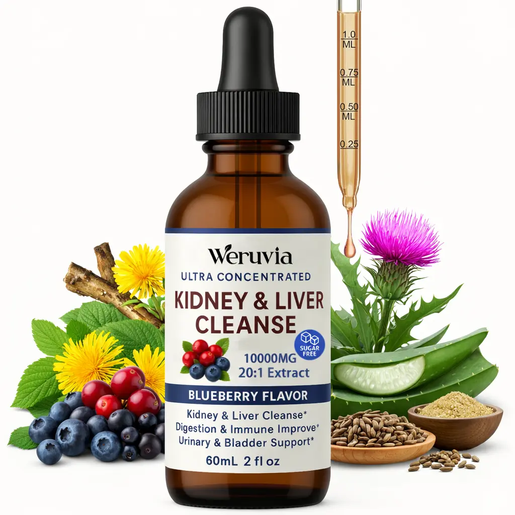 Herbal Kidney & Liver Support Drops, 10000mg 20:1 Ultra-Concentrated Plant-Based Extract, Alcohol-Free Sugar-Free Blueberry Flavor, 60ml Supplement Supports Kidneys & Urinary Bladder Health