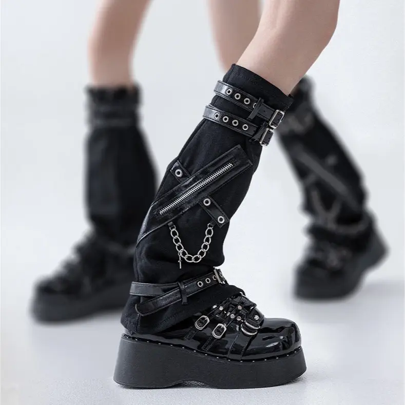 Edgy Chic Denim Dark-Themed Leg Warmers with Black Chain Leather Buckle Punk Slouchy Over-Knee Sock Covers, JK Subculture Style
