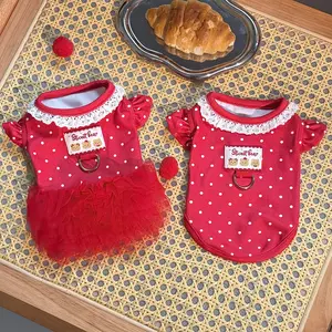 Pet Clothes Dog Cat Flying Sleeve Dress Flying Sleeve T-Shirt Summer Lace Wave Point  Comfortable Pretty Cute With Leash Ring D00100