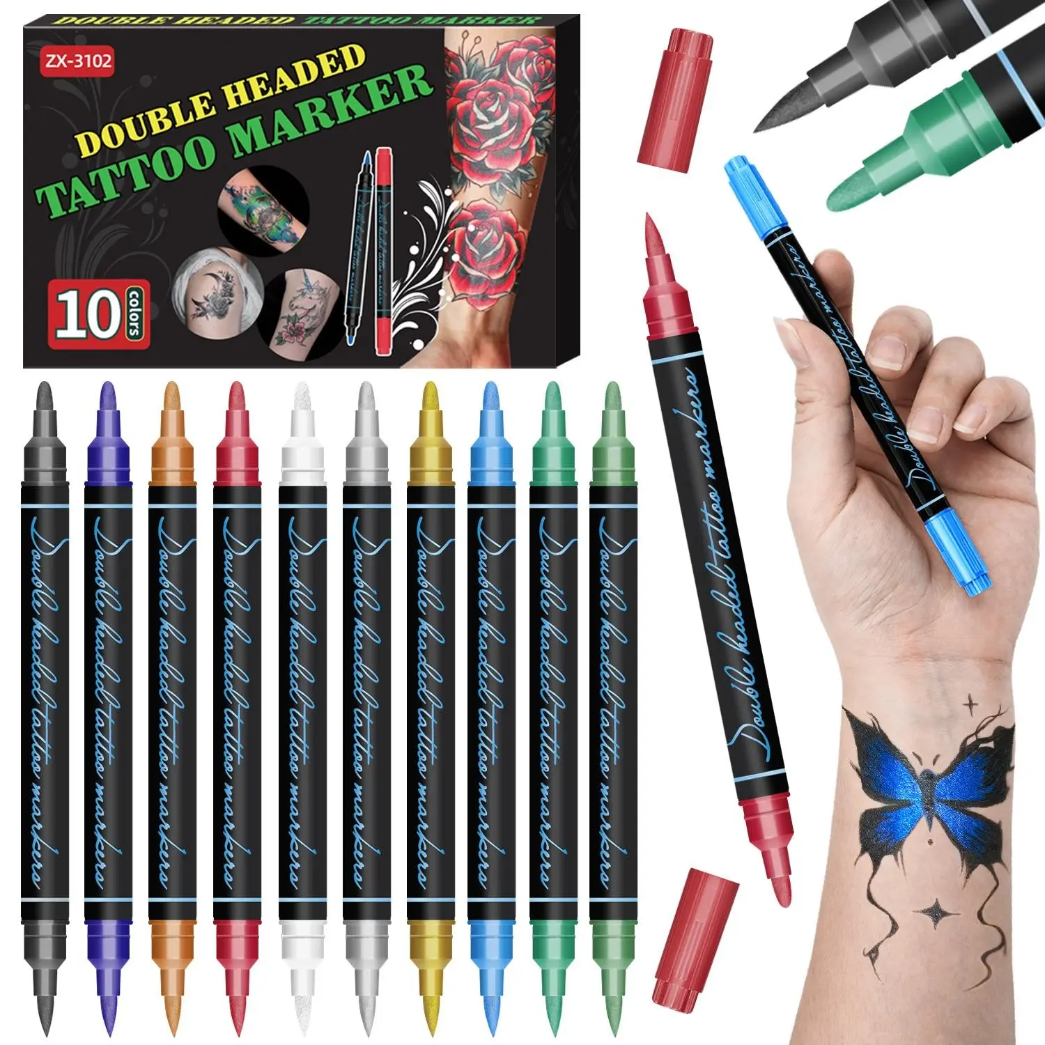 Temporary Tattoo Markers for Skin, 10/30 Colors Tattoo Pens, Brush Tip, Bright Colors, Face Paint Kit, Cosmetics Grade, Halloween Makeup