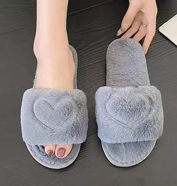 Women's Heart Embroidered Fuzzy Flat Slipper, Soft Plush Lining Bedroom Slippers, Wide   Band Cute Warm Slippers for Fall Winter GREY WHITE BLACK PINK Footwear for Women Gift, Trending Shoes