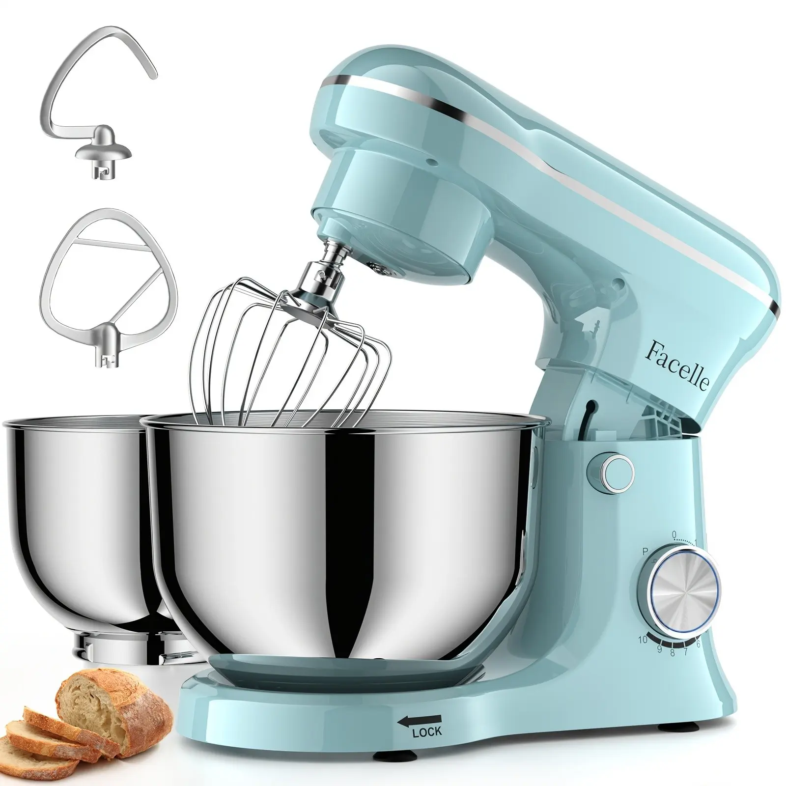 Tilt-Head Stand Mixer, 5QT+6QT Stainless Steel Two Bowls, 10 Speeds Kitchen Electric Food Mixer with Egg Whisk, Dough Hook, Beater, Dishwasher-Safe Attachment, Ideal Gift for Mom
