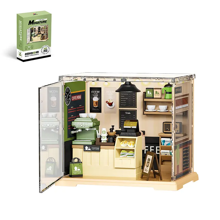 DIY Miniature Coffee Shop Dollhouse Kit with LED Lights & Light Bulb, Realistic Tiny Cafe Scene, Detailed Barista Tools & Decor, Unisex Craft Hobby Gift for 6-8 Years & Adults, Home Decor Present