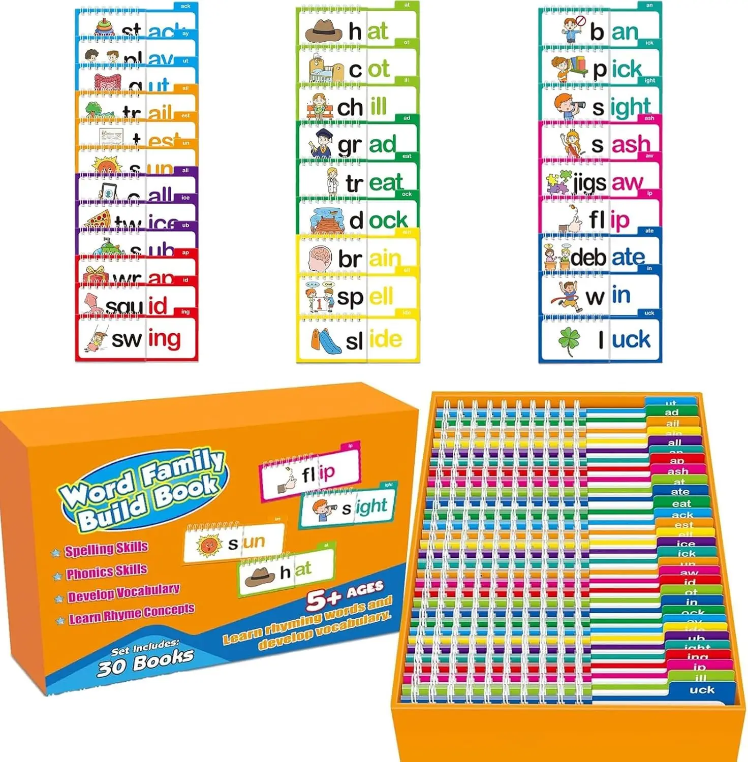 30-Piece Kids Educational Toy Set - Phonics Skills Books, ABC Alphabet Matching Flash Cards, Word Family Building Sets, Vocabulary Development Tools, Gifts for Ages 5+ to Learn Rhyme Concepts, Develop Vocabulary