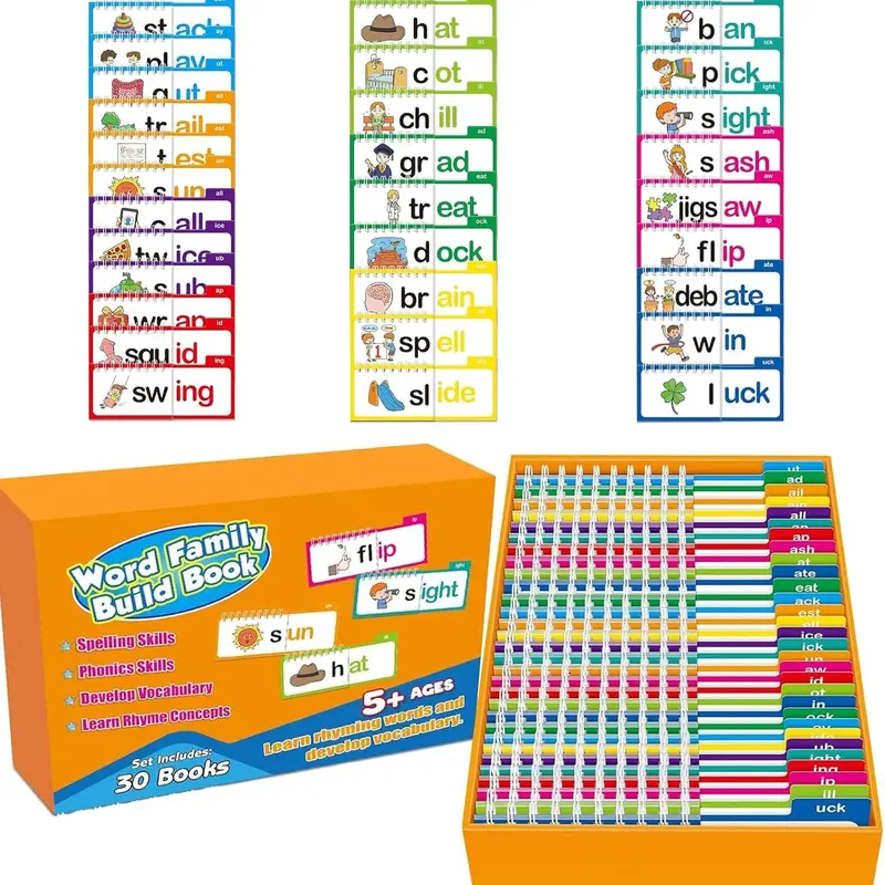 Unisex 30-Piece Kids Educational Toys Set (30 Books) - Learning Flash Cards, Alphabet Matching Flash Cards, Phonics Flip Books, Word Family Kits, Classroom Activities, Gifts for Ages 5+ to Build Phonics Skills, Develop Vocabulary, Learn Rhyme Concepts