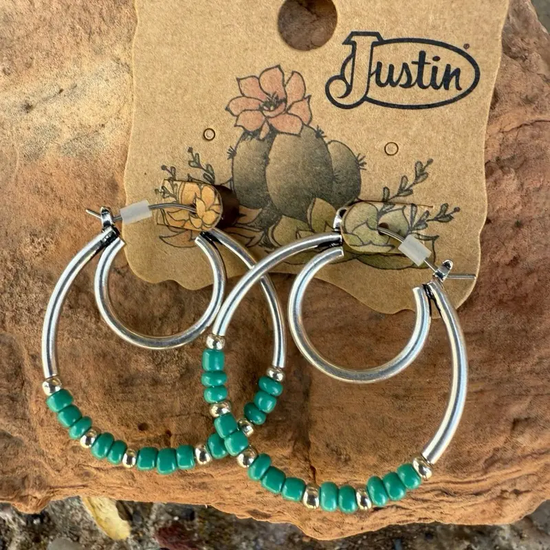 Justin Brand Turquoise Beaded Hoop Earrings for Women - Silver Tone Hoops with Teal Beads - Fashion Jewelry