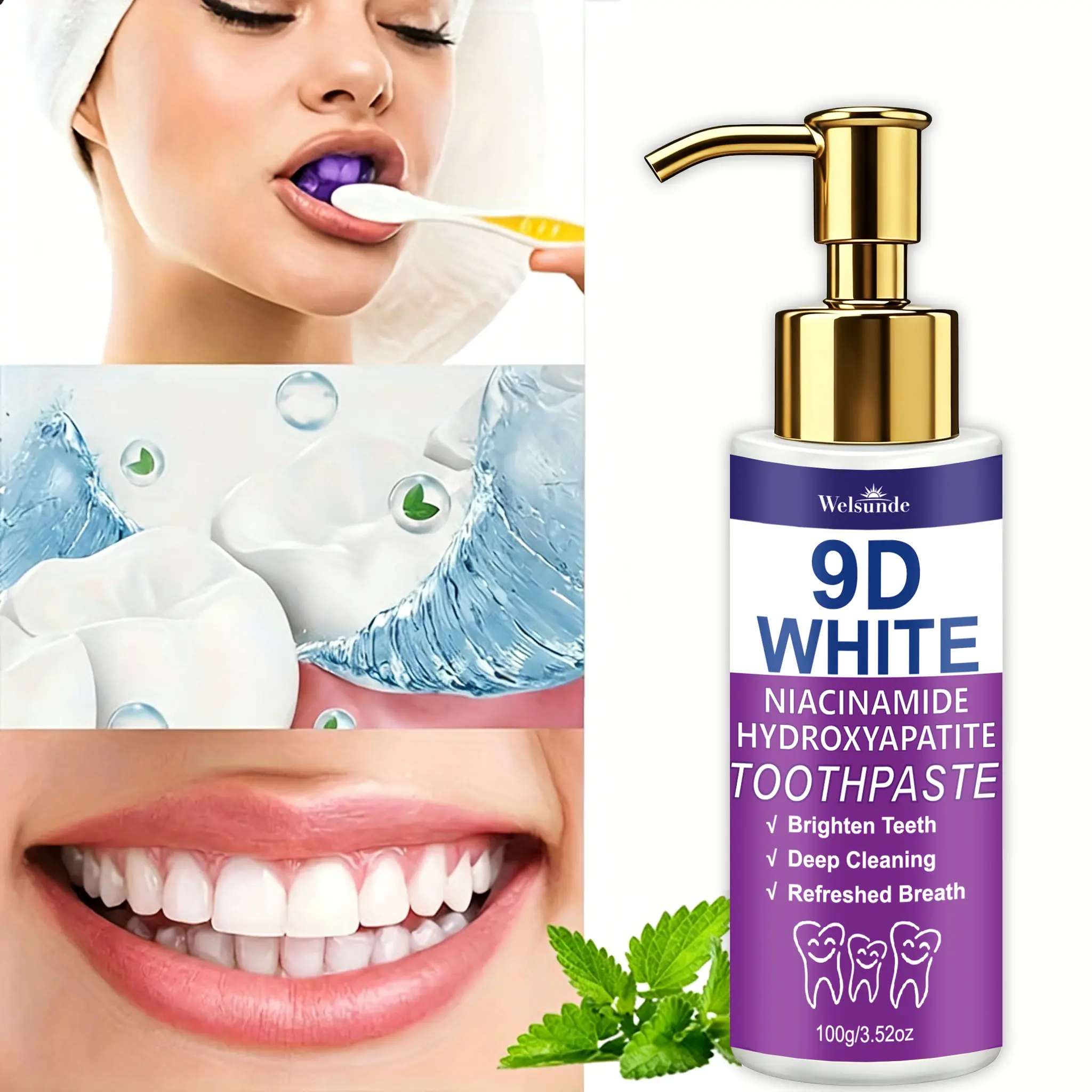 Welsunde 9D White Pump Toothpaste with Niacinamide & Hydroxyapatite, Fluoride-Free , Teeth Whitening, Stain Removal, Deep Clean, Fresh Mint Breath Oral Cleansing natural ingredient gentle care all-day purple neutralizes protects gum  upgrade edition