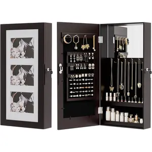 Jewelry Armoire with Photo Frame, Inner Mirror, 23.62 x 11.81 x 3.55 inch, Key Storage Cabinet, Lockable Design, Wall Mount
