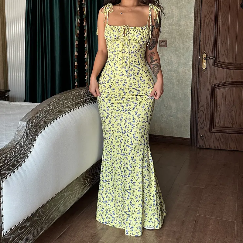 Floral Print Sleeveless Cami Maxi Dress Women's 2026 Summer & Fall Holiday Vacation Outfit Bodycon Wear Spaghetti Strap Lace Tie Front Dresses for Girl‘s Party Club Dating Casual Elegant Dress