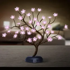 Lighted Cherry Blossom Tree Lamp 18IN Tree Lights with 36 LED, Japanese Cherry Blossom for Indoor and, Adapter Plug in/ Battery Powered Tabletop Lamp, UL Listed, Pink White