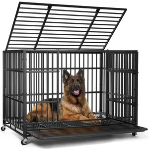 48” Heavy Duty Indestructible Dog Crate, High Anxiety Dog Crate, Escape Proof Dog Cage Kennel with 4 Lockable Wheels, Double Sturdy Locks, Double Door and Removable Tray Design, for Large Dogs