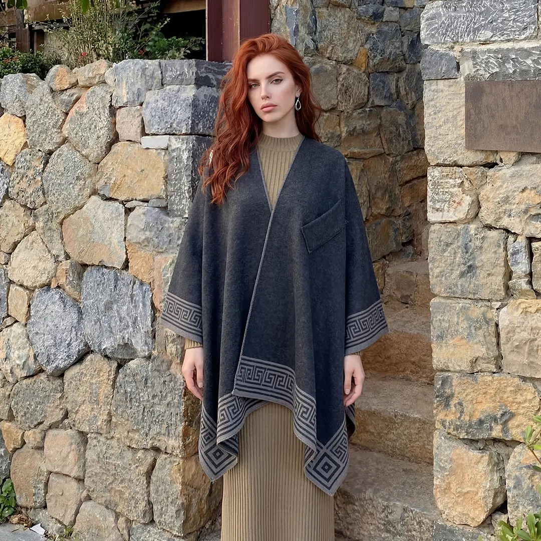 Soft Fabric Poncho Cape with Greek Key Trim, an Elegant Open Front Winter Wrap with Pocket for Layering Outfits, Poncho Outfit, Chic Shawls, Layered Look, Poncho Cut, Classy Shawls