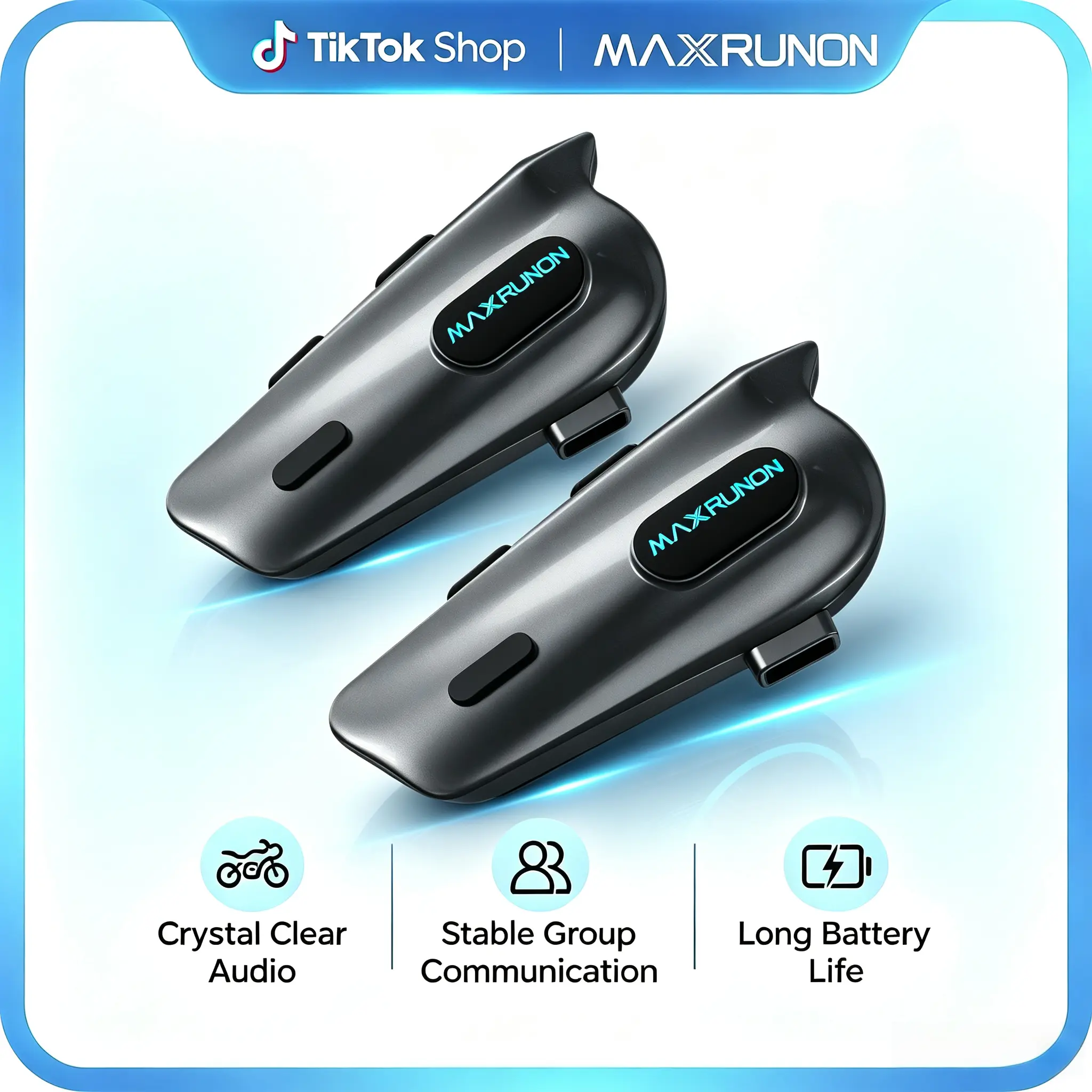 MAXRUNON 2-Pack Motorcycle Bluetooth Headset - 2Y Durability, Hands-Free Intercom Communication, CVC Noise Reduction, IPX Waterproof, Compatible with Full/Open Face Helmets