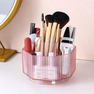 360°Rotating Makeup Brush Holder Cosmetic Display Case Clear Makeup Lip Gloss Organizer Case with 5 Slots Round Turntable Tray for,, Counter Organizer Clear Pink