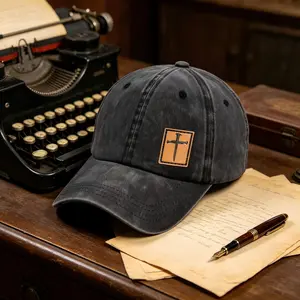 Vintage Washed Cotton Baseball Cap with Cross Leather Patch, American Retro Street Style Sunshade Peaked Cap