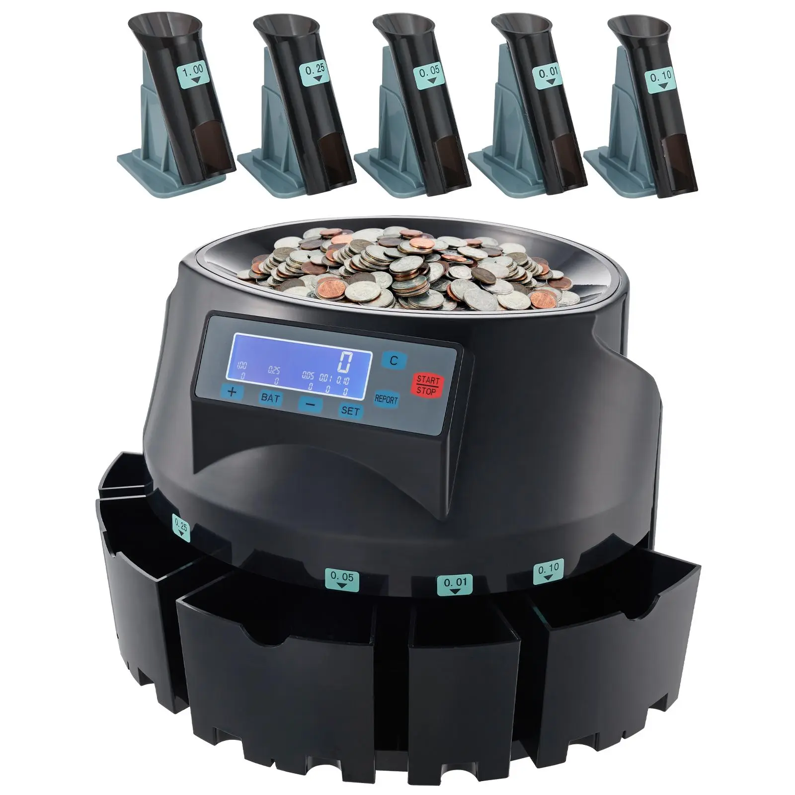 【Summerfinds】VEVOR USD Coin Counter & Coin Sorters with LCD Display,  Coin Sorter Machine for USD Coin 1￠ 5￠ 10￠ 25￠ $1, Sorts up to 300 Coins/min, Change Counter Holds 2000 Coins Included 5 Coin Bins & 5 Tubes