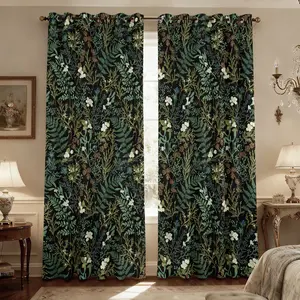 84 inch long bedroom with fern and leaf design insulation window curtain, protecting privacy, suitable for living room, bedroom - Classic home decoration blackout curtain - (2 panels, W84in x L84in)
