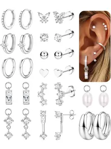 Gold Earrings for Women Hypoallergenic Flat Back Earrings 316L Surgical Steel Gold/Silver Studs Cartilage Earring Stacking Set Small Huggie Hoop Earring Stack Helix Tragus Piercing Jewellery