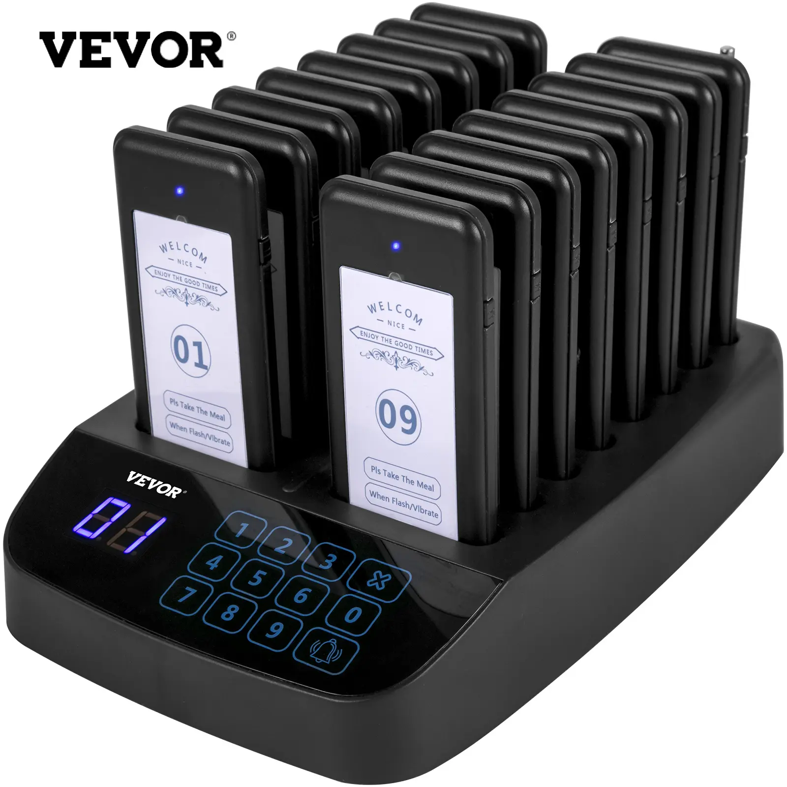 【summerfinds】VEVOR F101 Wireless Calling System - 16 Pagers, 98-Channel Wireless Keypad, 300-500m Max Range, Touch Keyboard, 2 Calling Modes, 3.7V Battery, 24-Hour Use, Vibration/Flashing/Buzzer Alerts for Restaurants