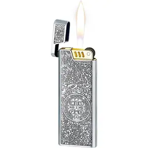 Lighter Antique Vintage Trench Lighters, Classic Refillable Butane Metal Soft Flame Lighter for Collection Decorative Gift (Butane Not Included) (Silver)