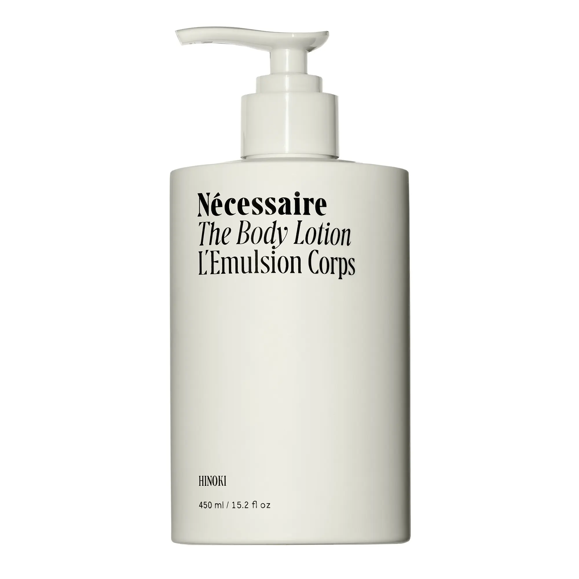 Nécessaire The Body Lotion with Pump. Hinoki. Multi-Peptide Firming Lotion to Moisturize, Firm, Strengthen. 2.5% Niacinamide, Vitamin C/E + Omega 6/9. 450ml / 15.2 fl oz
