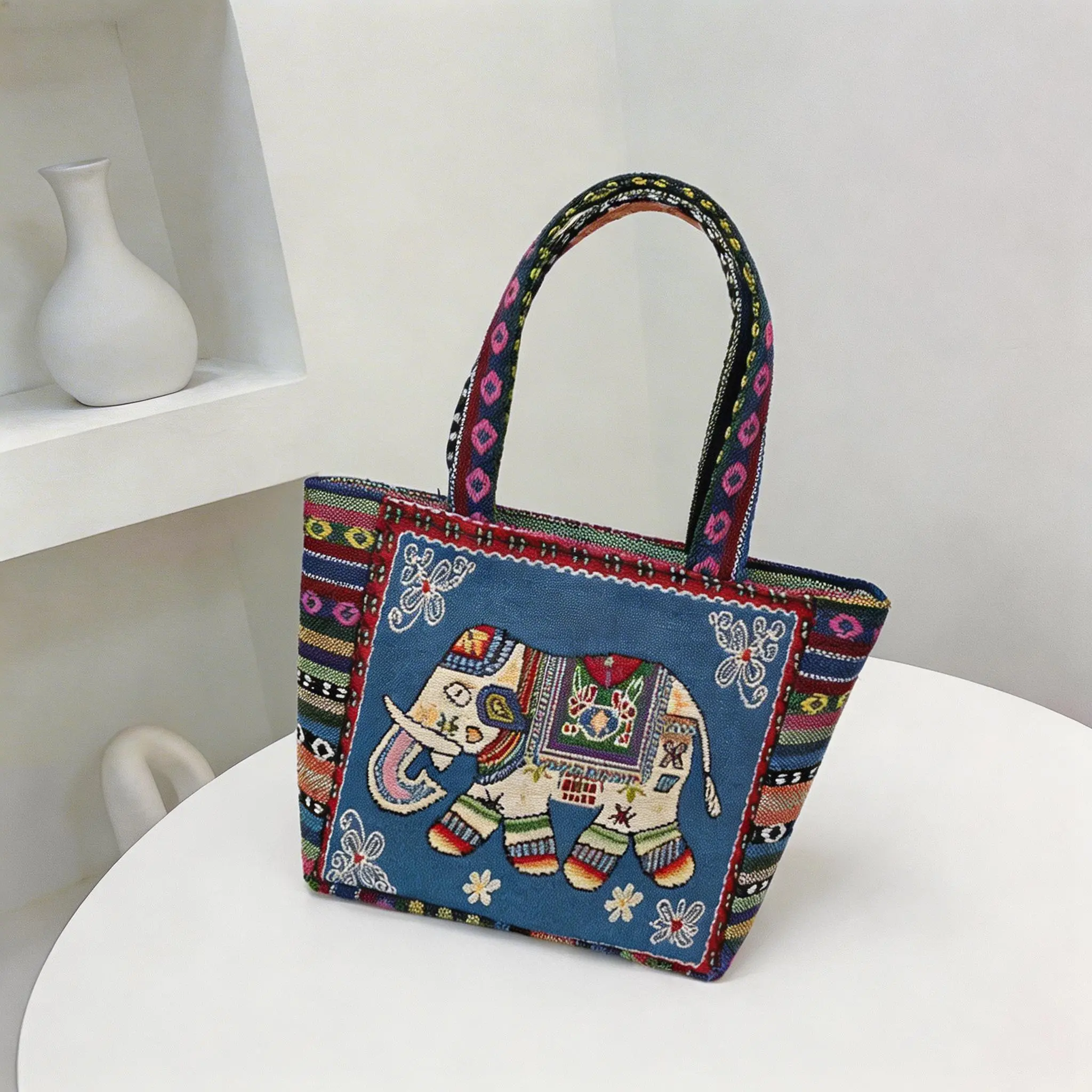 Ethnic flower elephant tote bag, Bohemian woven canvas shoulder bag, women's cute casual handbag, woven jacquard embroidered handbag, multiple styles to choose from