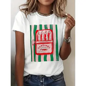 Women's Sardine Fish Graphic TShirt Retro Style Short Sleeve Crew Neck Casual Summer Top with Sardine Can Art Print Non Fish Design for Beach and Casual Wear Machine Washable Comfortable Fit