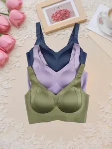 Women's Solid Color Seamless Wireless Bra, High Stretch Breathable Comfortable Adjustable Strap Triple-breasted Bra, Softness Lingerie Top for Daily Wear, Elegant